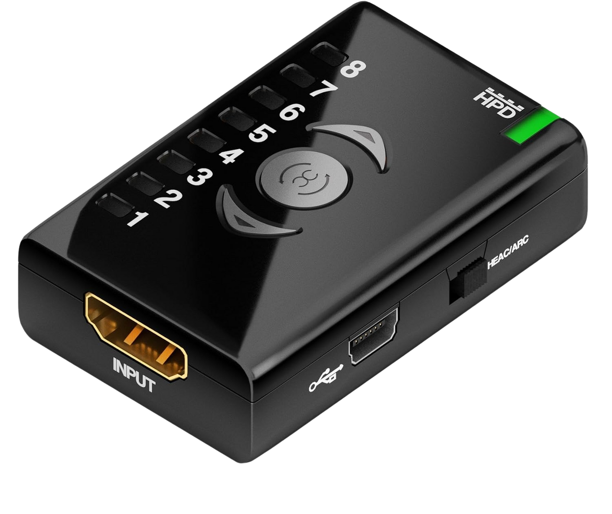 Eingangsseite des Dr HDMI mit HDMI-Eingang, Mini-USB-Anschluss und HEAC/ARC-Schalter