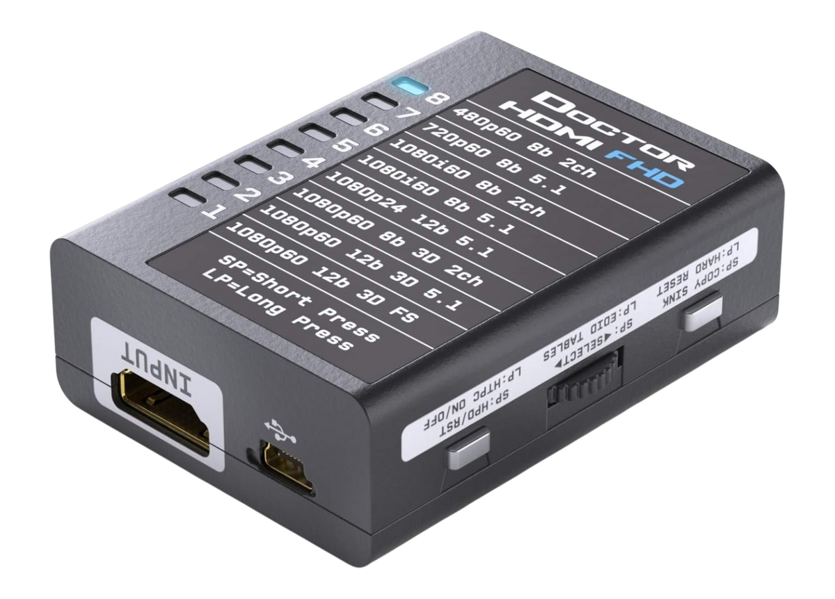 Ausgangsseite des Dr HDMI 4K mit HDMI-Ausgang, RS232-Buchse sowie den Tasten Copy Sink und HPD