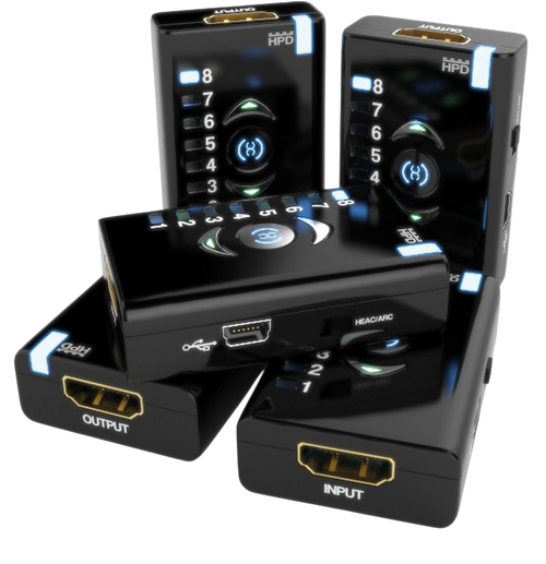 Fünf Dr HDMI aus verschiedenen Blickwinkeln mit HDMI-Eingang, -Ausgang, Mini-USB-Anschluss und HEAC/ARC-Schalter