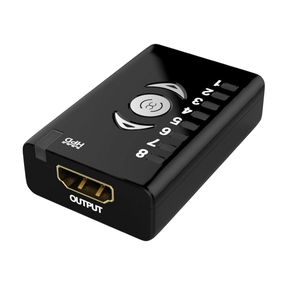 Ausgangsseite des Dr HDMI mit HDMI-Ausgang und Bank-LEDs 1 bis 8