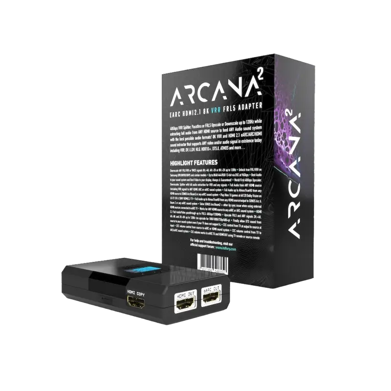 HDfury Arcana 2 Anschlüsse auf der Rückseite: HDMI in, 2x HDMI out, eARC out