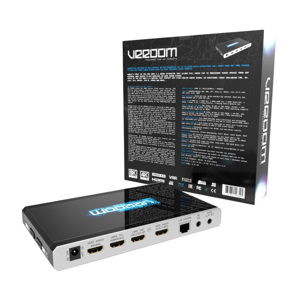HDfury VRROOM Verpackungsrückseite mit den wichtigsten Merkmalen und Spezifikationen