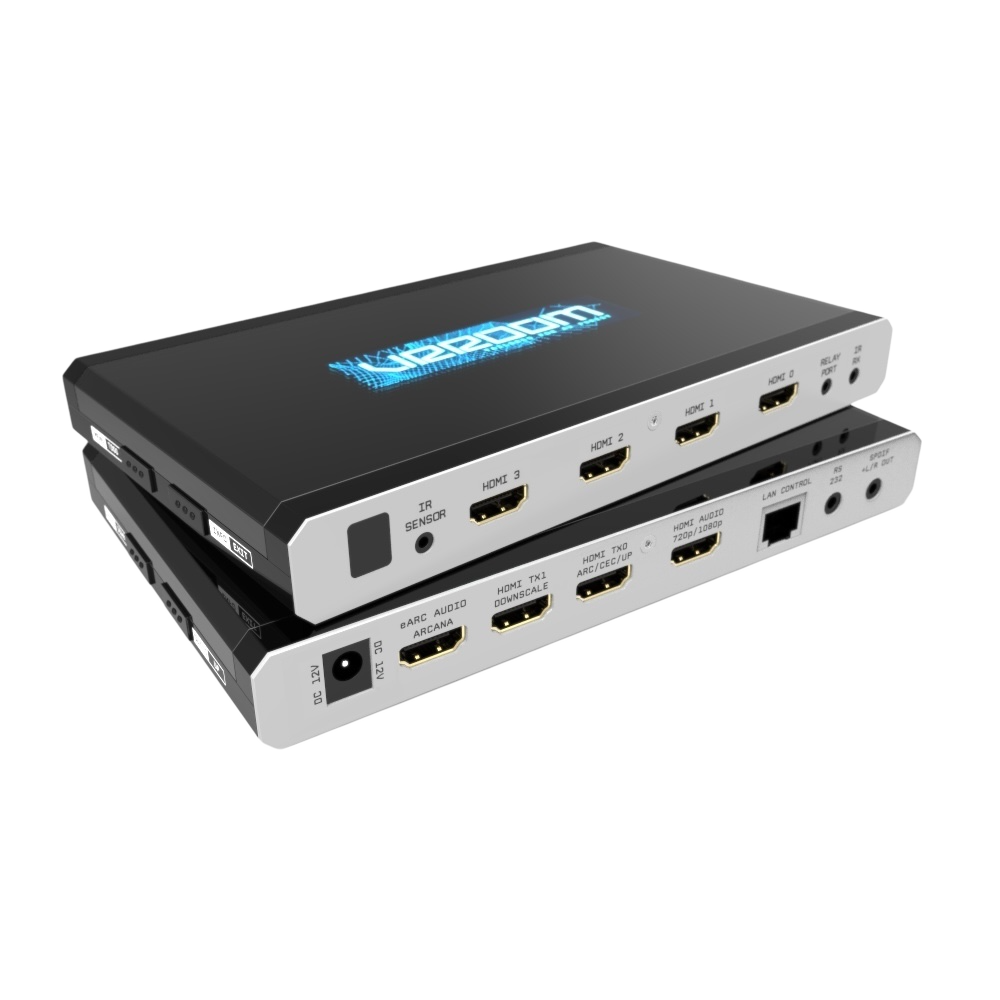 HDfury VRROOM 8K HDMI 2.1 Matrix, Scaler und eARC Audio-Extraktor – Vorderansicht mit OLED-Display