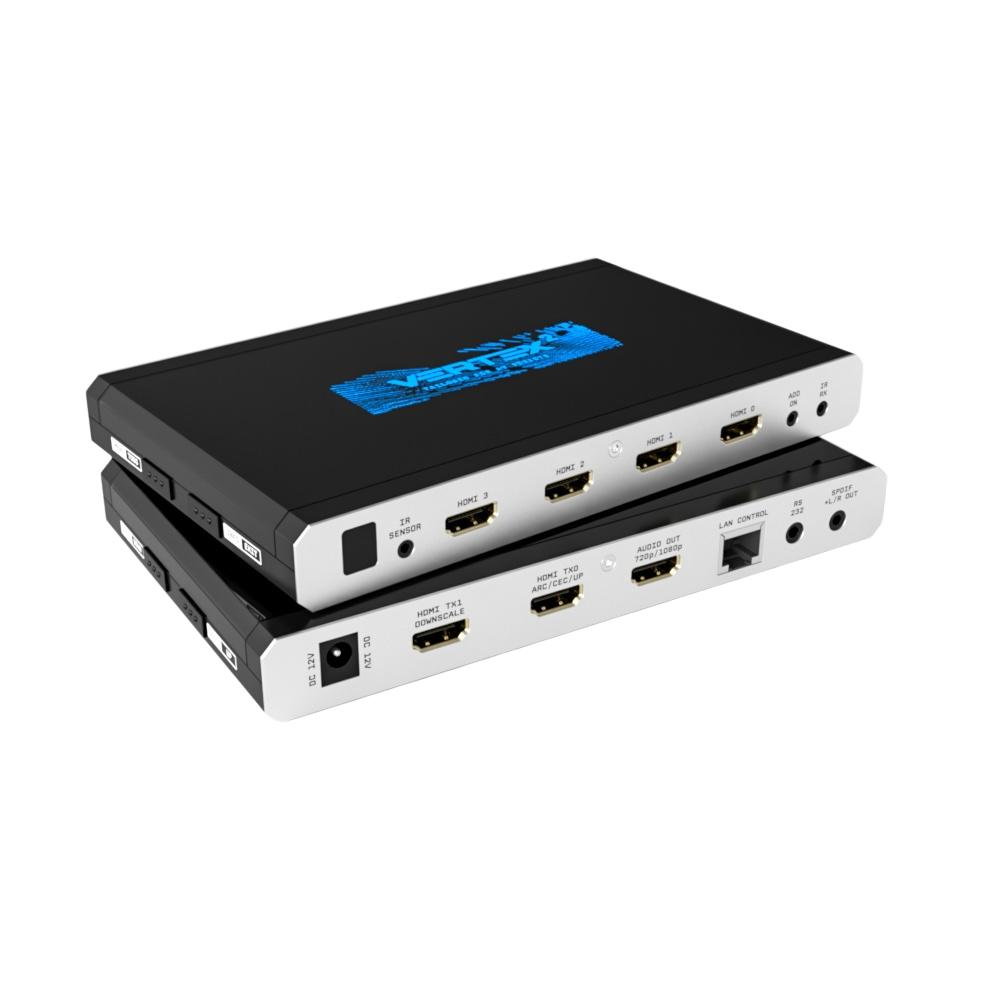 HDfury Vertex 2 4x2-HDMI-Matrix zweimal übereinander abgebildet: oben die vier HDMI-Eingänge, darunter die Scaler-Ausgänge TX0 und TX1, der Audioausgang des Extraktors, LAN, RS232 und S/PDIF