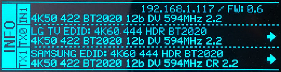 OLED-Infobildschirm des HDfury Vertex 2 mit IP-Adresse 192.168.1.117, Firmware 0.6, dem eingehenden Signal 4K50 4:2:2 12 Bit Dolby Vision und dem, was der Scaler über TX0 und TX1 an die Displays von LG und Samsung sendet