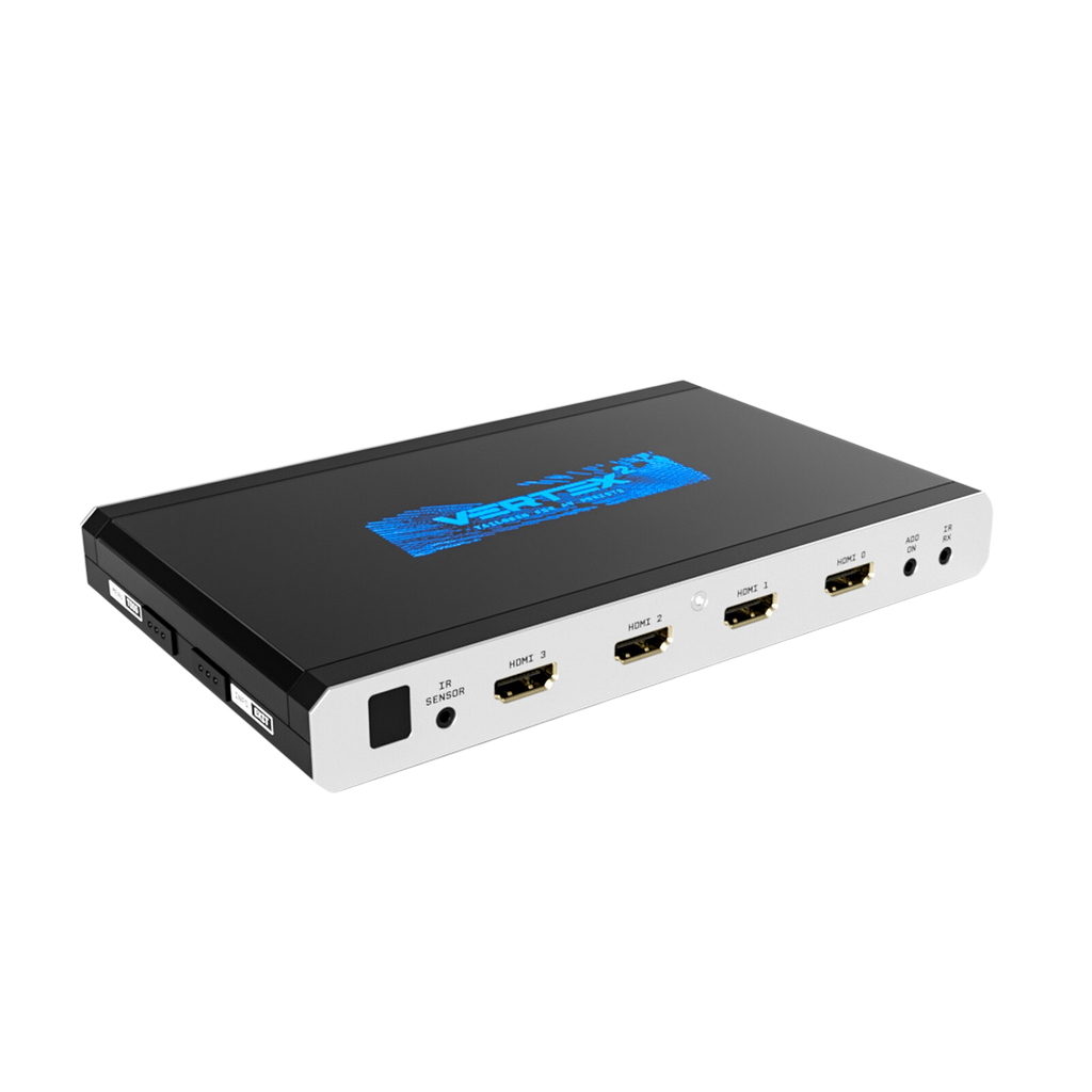 HDfury Vertex 2 4x2-HDMI-Matrix, -Splitter und -Scaler vor weißem Hintergrund, mit den vier 18Gbps-HDMI-Eingängen und dem blauen Vertex 2 Logo auf dem Deckel