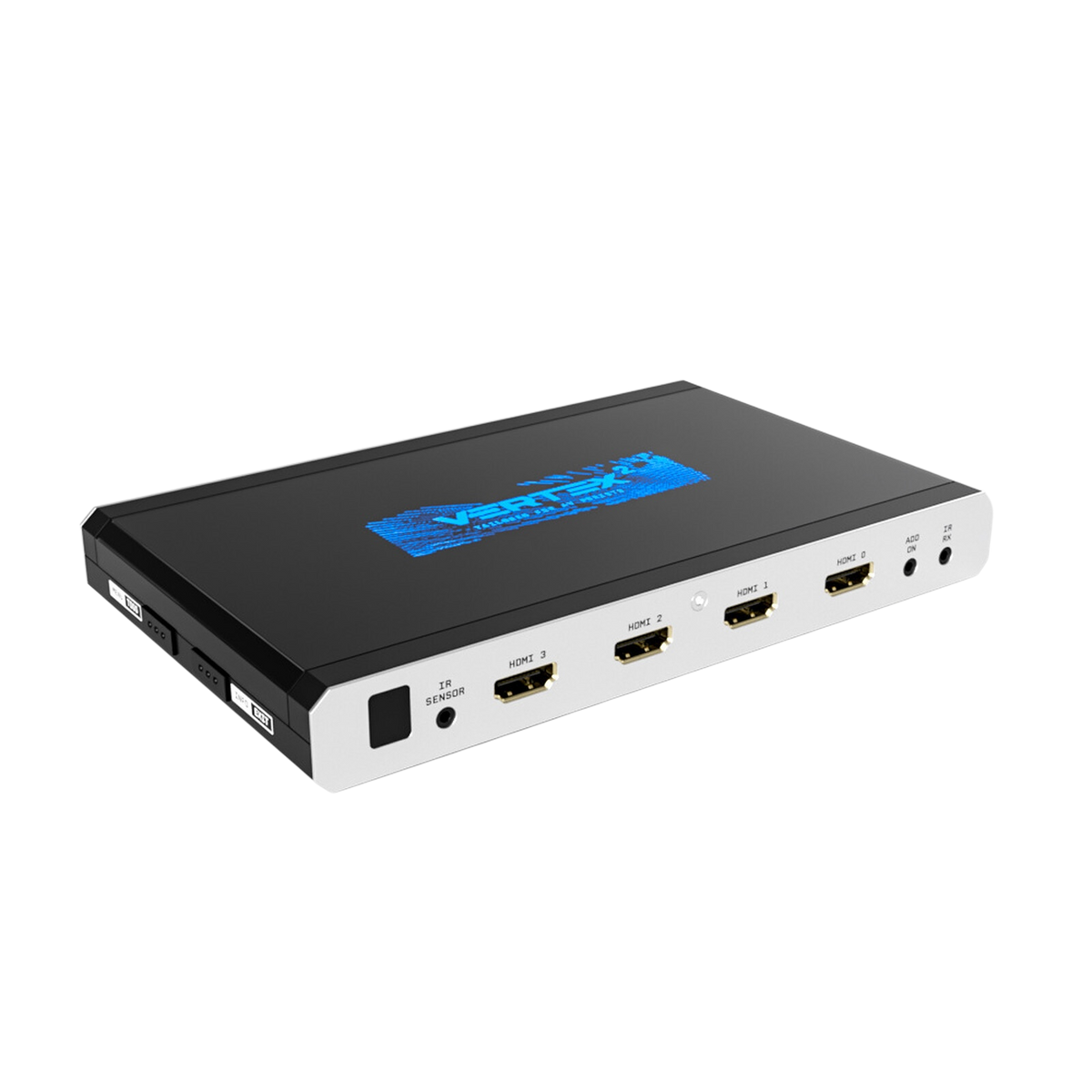 HDfury Vertex 2 4x2-HDMI-Matrix, -Splitter und -Scaler vor weißem Hintergrund, mit den vier 18Gbps-HDMI-Eingängen und dem blauen Vertex 2 Logo auf dem Deckel