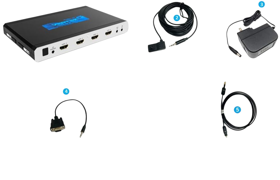 Der Lieferumfang des HDfury Vertex 2: das Gerät, IR-Empfängerkabel, 12V-Netzteil, RS232-Kabel und optisches Kabel