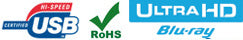 Logos von USB Certified Hi-Speed, RoHS und Ultra HD Blu-ray