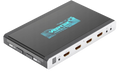 HDfury Vertex 2 HDMI-Matrix und -Switcher schräg von oben, Eingangsseite: IR-Sensor, vier HDMI-Eingänge mit den Nummern 0 bis 3, Add-on- und IR-RX-Buchse