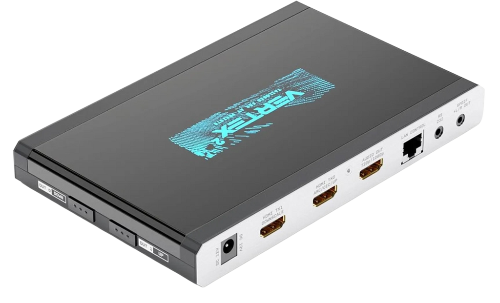 Ausgangsseite des HDfury Vertex 2: 12V DC, HDMI TX1 mit Downscale, HDMI TX0 mit ARC, CEC und Upscale, der 720p/1080p-Audioausgang des Extraktors, LAN-Steuerung, RS232 und S/PDIF mit L/R-Ausgang