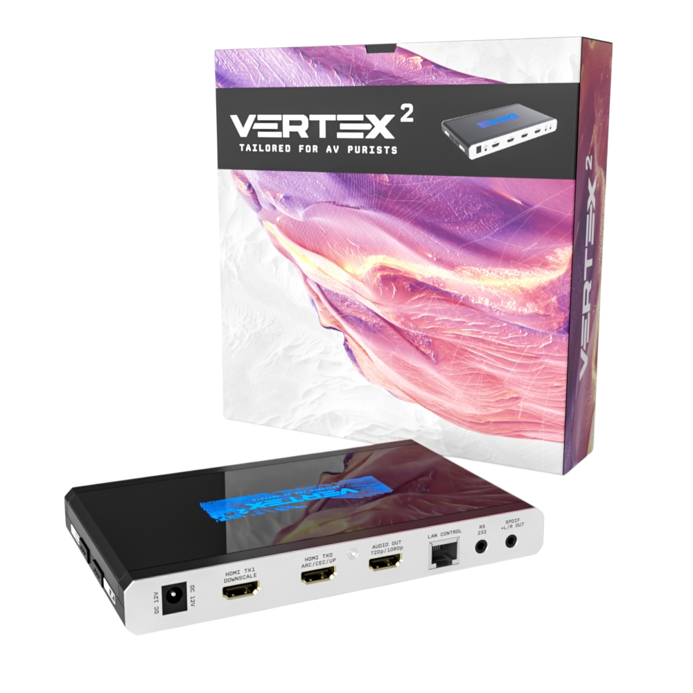 Verkaufskarton des HDfury Vertex 2 neben dem Gerät, im Blick die Scaler-Ausgänge TX0 und TX1 sowie der Audioausgang