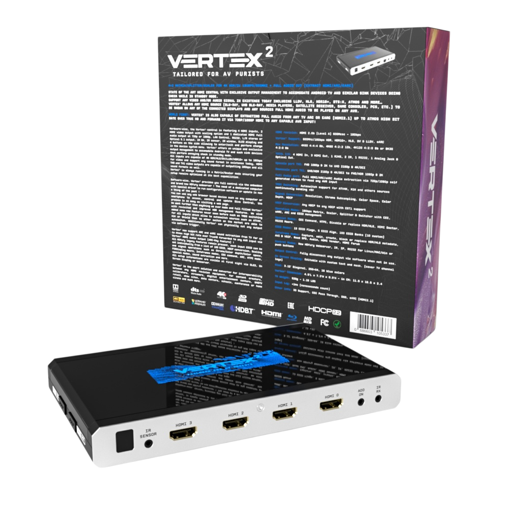 Rückseite des Verkaufskartons des HDfury Vertex 2 mit dem vollständigen Spezifikationstext, daneben das Gerät mit seinen vier HDMI-Matrix-Eingängen